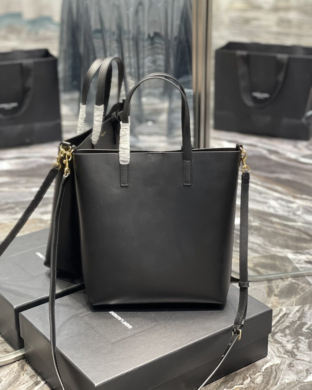 [REP 1:1] Saint Laurent Shopping Bag Black Toy In Supple For Women 11in/28cm YSL 600307CSV0J1000