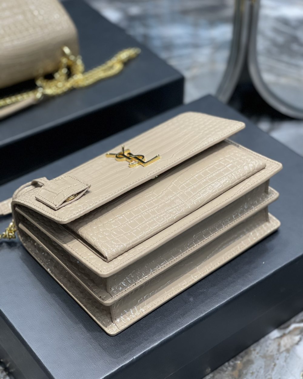 [REP 1:1] Saint Laurent Sunset Medium Chain Bag For Women 8.6in/22cm Beige YSL 442906DND0J2721