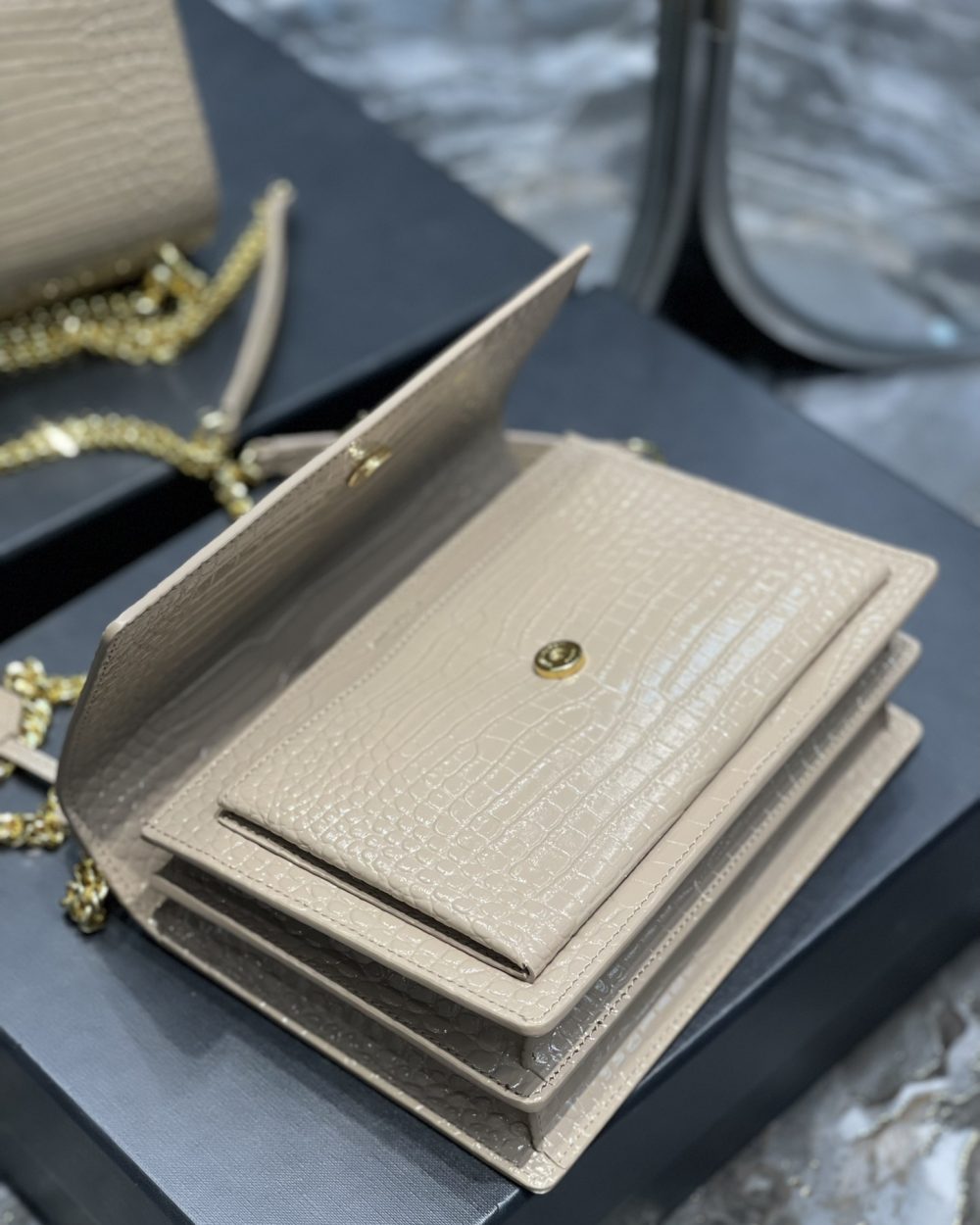 [REP 1:1] Saint Laurent Sunset Medium Chain Bag For Women 8.6in/22cm Beige YSL 442906DND0J2721