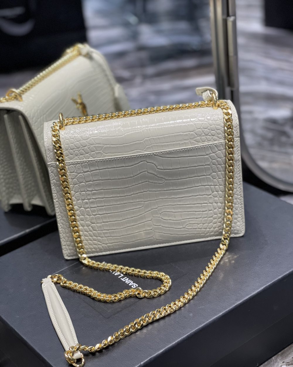 [REP 1:1] Saint Laurent Sunset Medium Chain Bag For Women 8.6in/22cm White YSL 442906DND0J9207