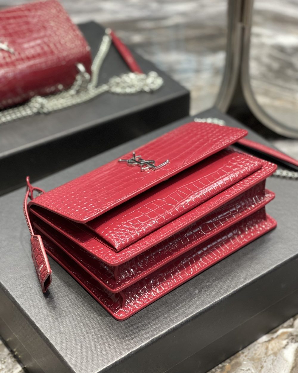 [REP 1:1] Saint Laurent Sunset Medium Chain Bag Red For Women 8.6in/22cm YSL