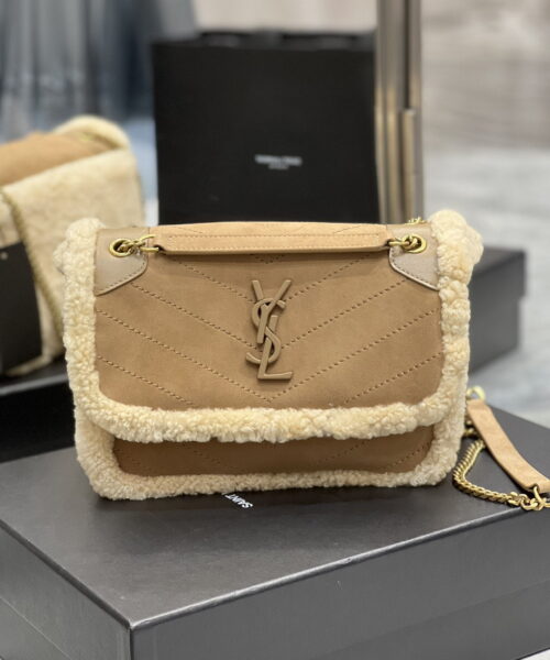 [REP 1:1] Saint Laurent Taupe Shearling Medium Niki Bag Brown For Women, Women's Bags 8.66in/22cm YSL‎