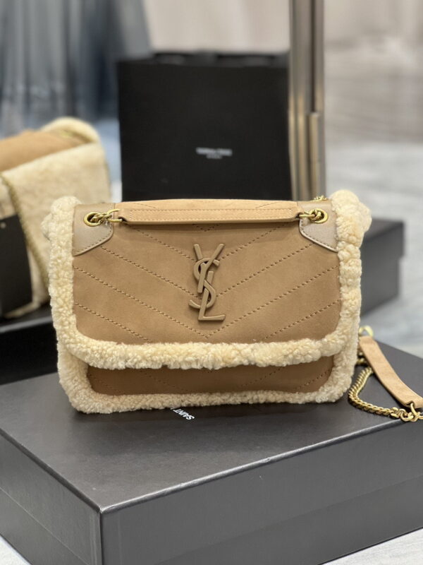 [REP 1:1] Saint Laurent Taupe Shearling Medium Niki Bag Brown For Women, Women's Bags 8.66in/22cm YSL‎