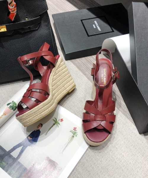 Saint Laurent Women's Tribute Espadrilles Wedge Reddish-Brown For Women YSL