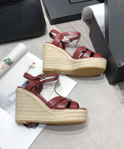 Saint Laurent Women's Tribute Espadrilles Wedge Reddish-Brown For Women YSL