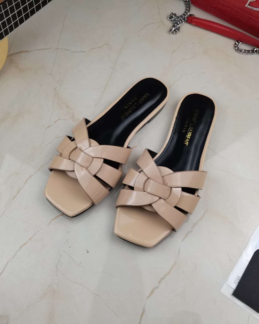 Saint Laurent Women's Tribute Flat Mules Beige For Women YSL 571952B8I009935