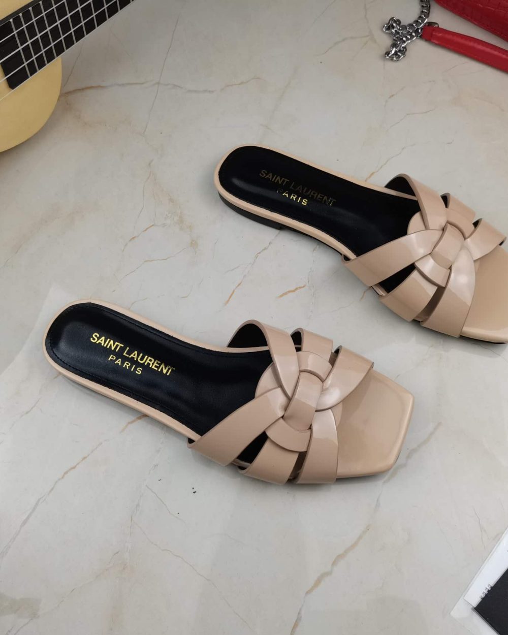 Saint Laurent Women's Tribute Flat Mules Beige For Women YSL 571952B8I009935