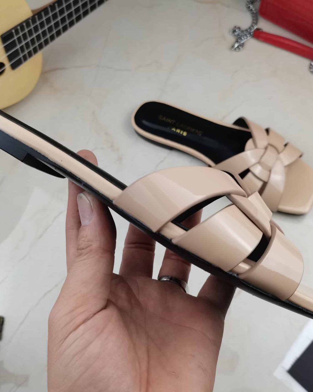 Saint Laurent Women's Tribute Flat Mules Beige For Women YSL 571952B8I009935