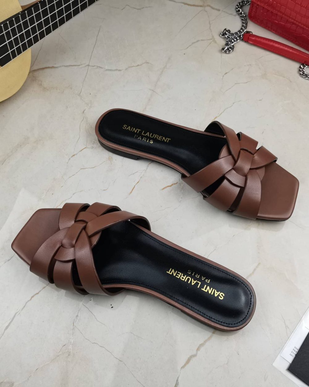 Saint Laurent Women's Tribute Flat Mules Brown For Women YSL