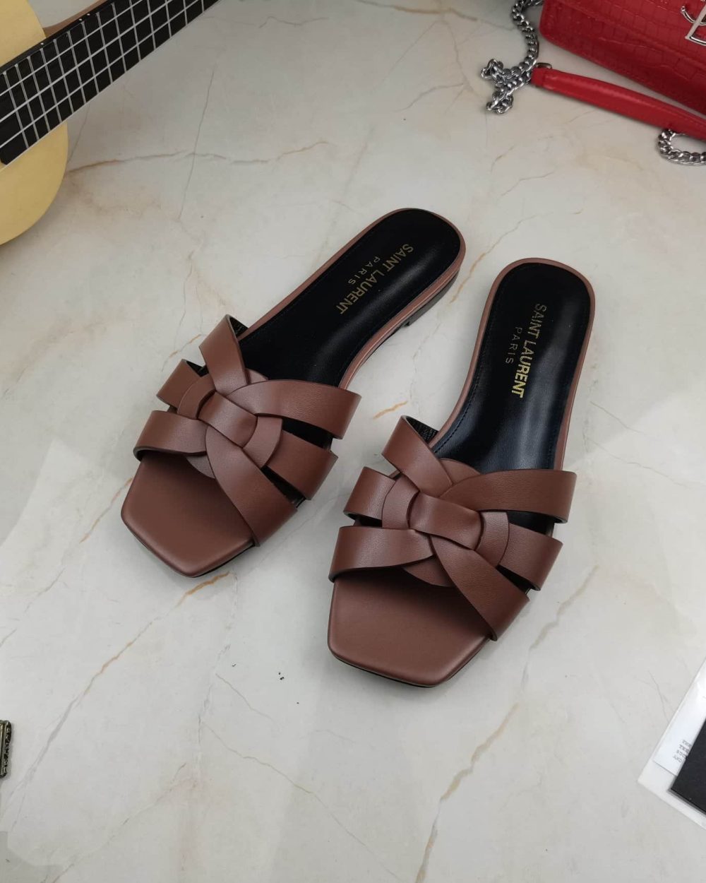 Saint Laurent Women's Tribute Flat Mules Brown For Women YSL