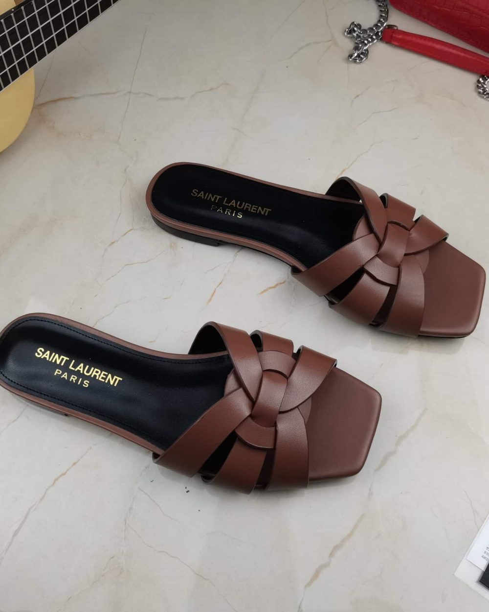Saint Laurent Women's Tribute Flat Mules Brown For Women YSL