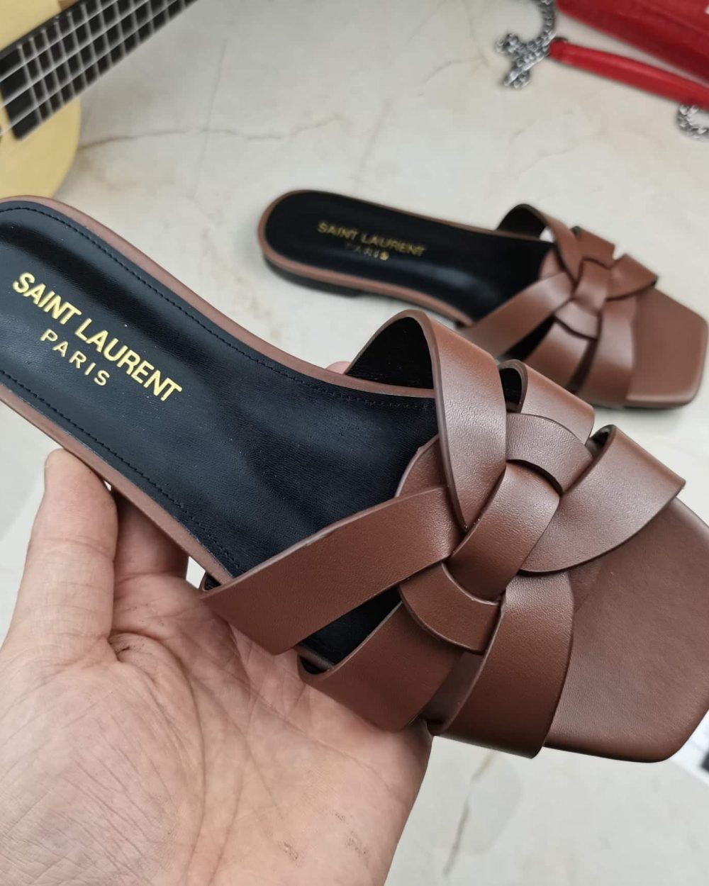 Saint Laurent Women's Tribute Flat Mules Brown For Women YSL