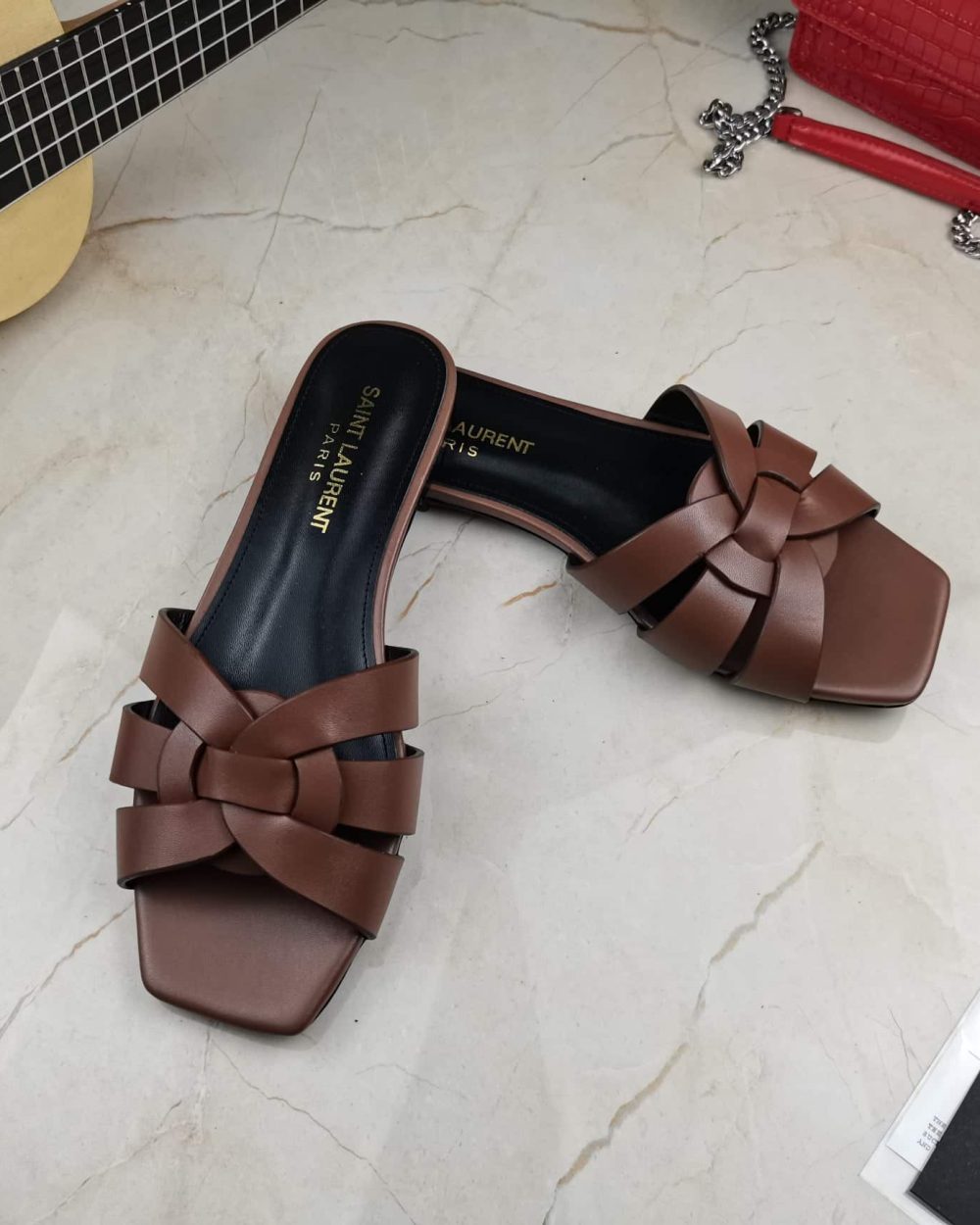 Saint Laurent Women's Tribute Flat Mules Brown For Women YSL