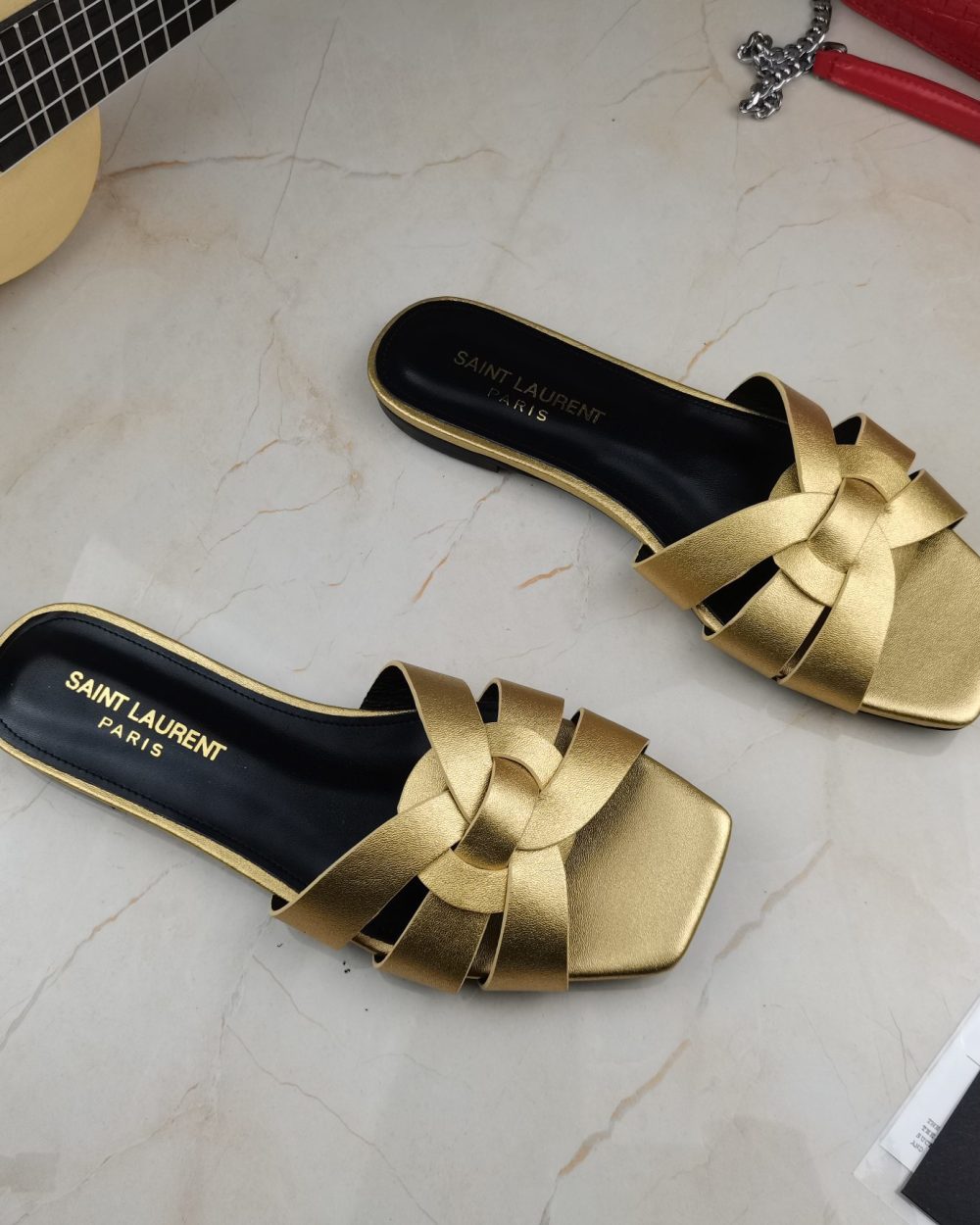Saint Laurent Women's Tribute Flat Mules Gold For Women YSL