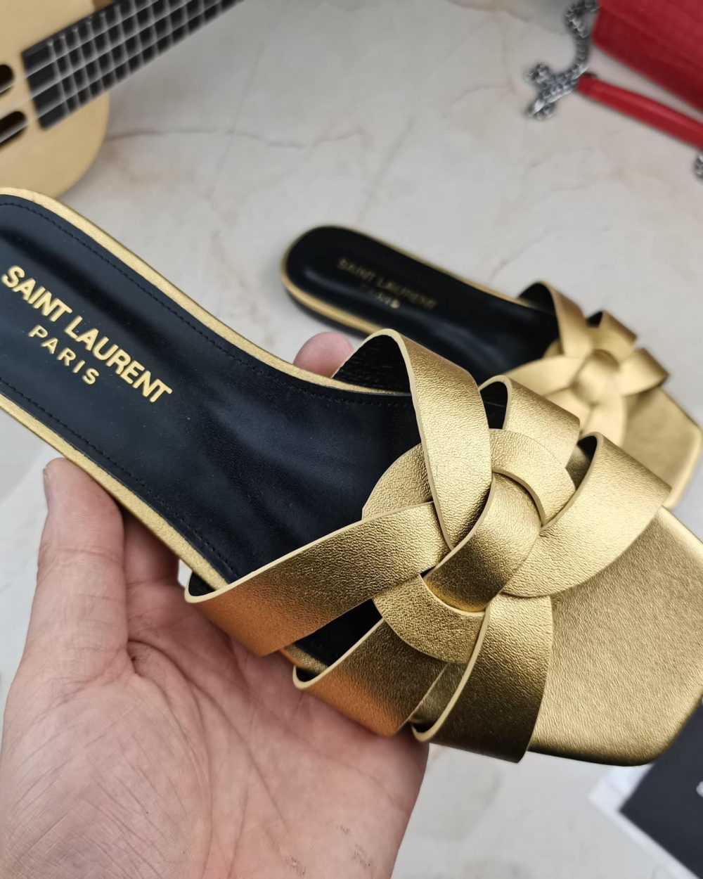 Saint Laurent Women's Tribute Flat Mules Gold For Women YSL