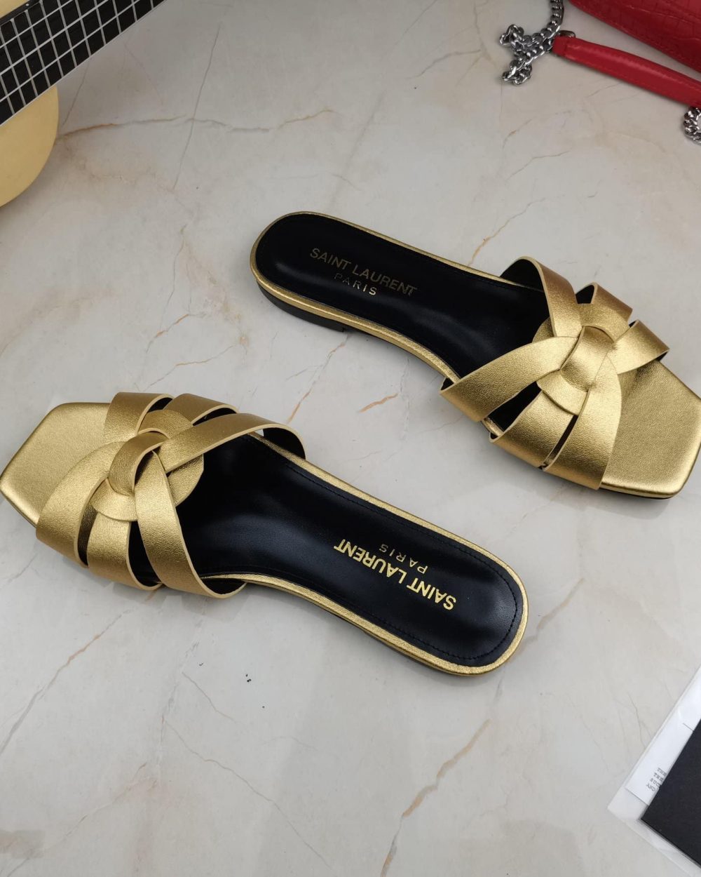 Saint Laurent Women's Tribute Flat Mules Gold For Women YSL