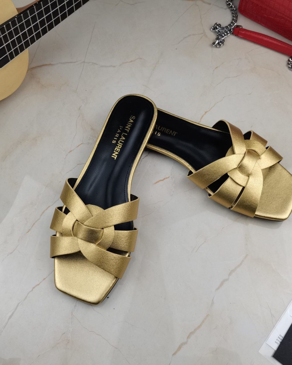 Saint Laurent Women's Tribute Flat Mules Gold For Women YSL