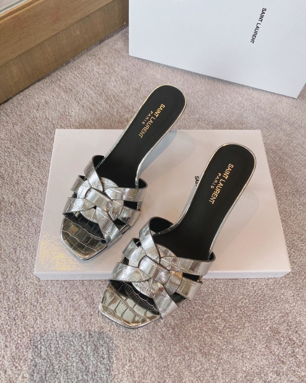 Saint Laurent Women's Tribute Heeled Mules Sliver For Women YSL