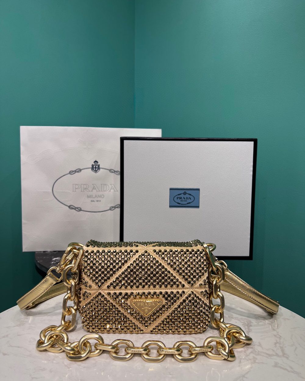 Satin Mini-Bag With Crystals Gold Tone/Black For Women 6.6in/ 17cm 1BD329_2AWL_F0522_V_QOO