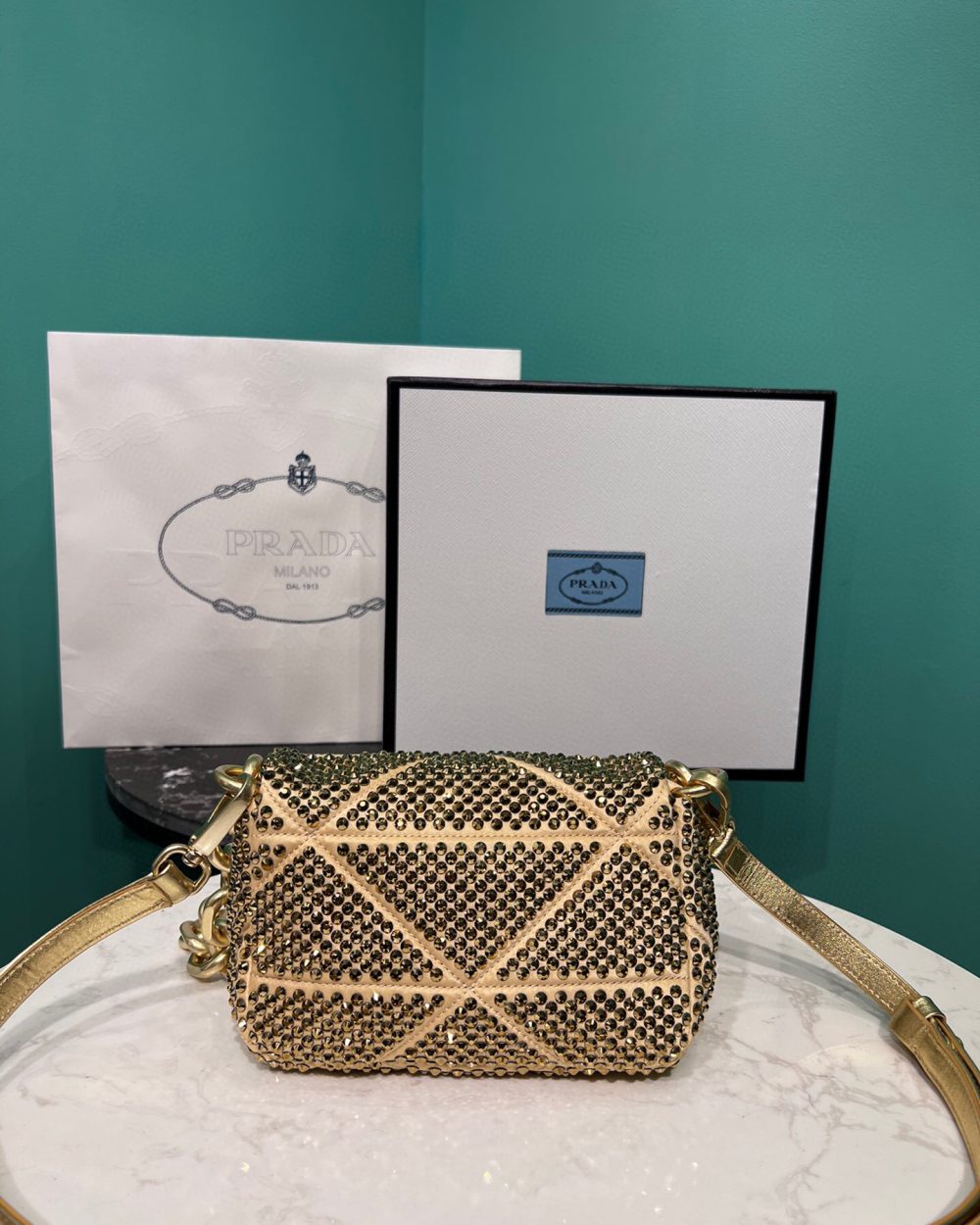 Satin Mini-Bag With Crystals Gold Tone/Black For Women 6.6in/ 17cm 1BD329_2AWL_F0522_V_QOO