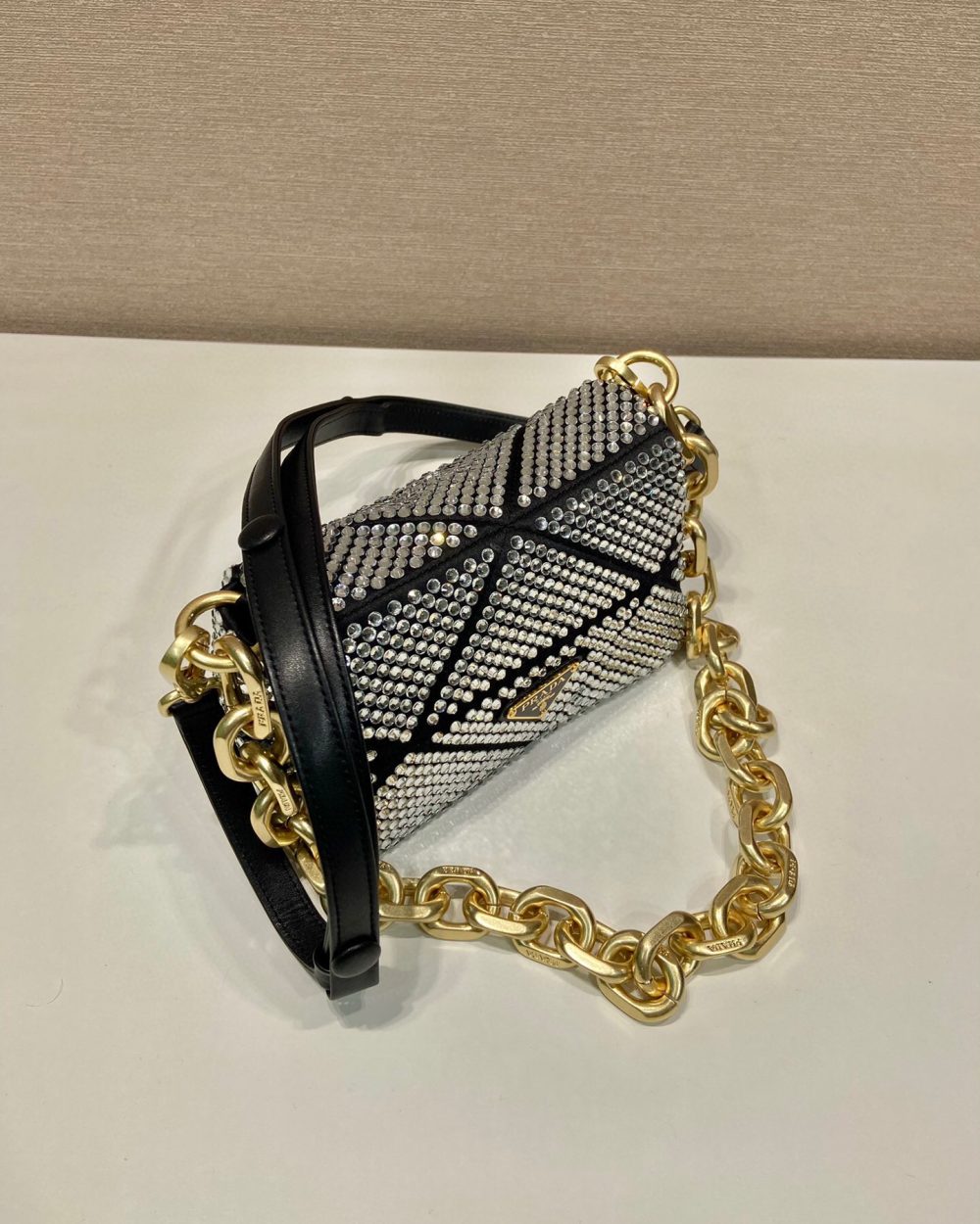 Satin Mini-Bag With Crystals Gold Tone/Black For Women 6.6in/ 17cm 1BD329_2AWL_F0522_V_QOO