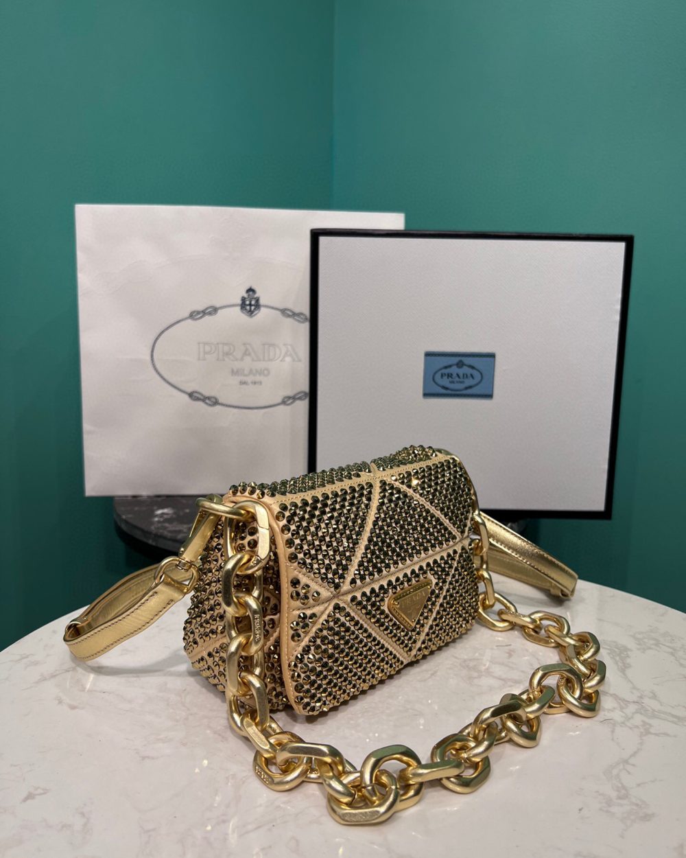 Satin Mini-Bag With Crystals Gold Tone/Black For Women 6.6in/ 17cm 1BD329_2AWL_F0522_V_QOO