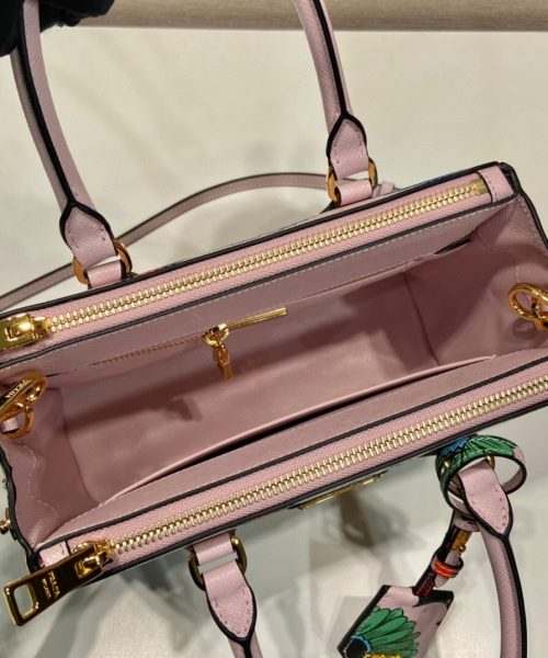 Small Saffiano Double Zip With Flower Handbag In Pink For Women 9.6in/ 24.5cm