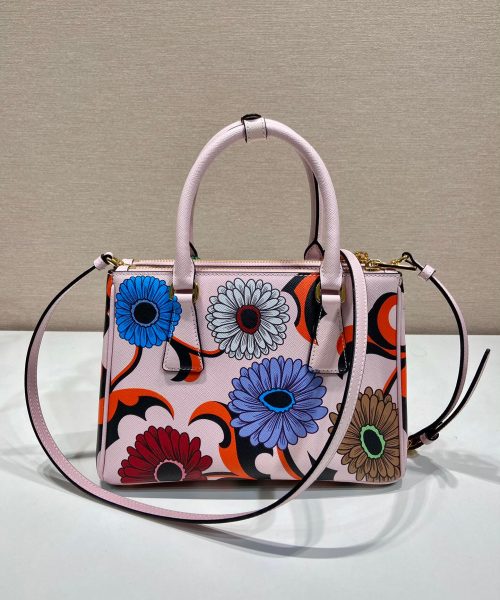Small Saffiano Double Zip With Flower Handbag In Pink For Women 9.6in/ 24.5cm