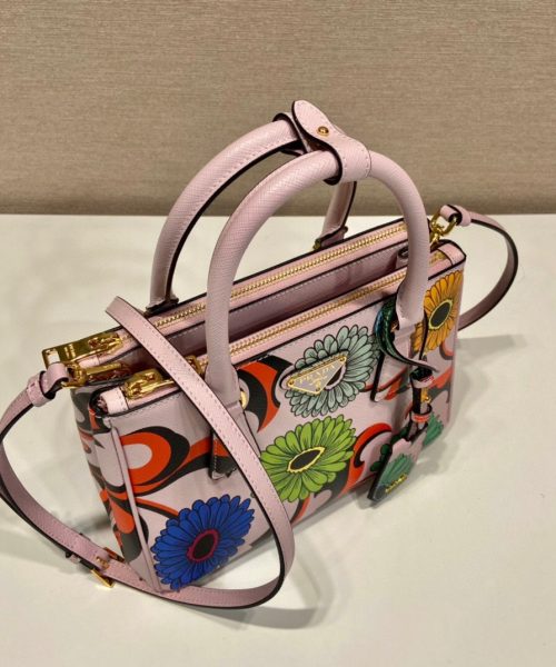 Small Saffiano Double Zip With Flower Handbag In Pink For Women 9.6in/ 24.5cm