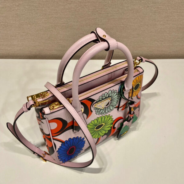Small Saffiano Double Zip With Flower Handbag In Pink For Women 9.6in/ 24.5cm
