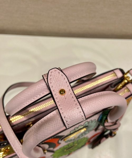 Small Saffiano Double Zip With Flower Handbag In Pink For Women 9.6in/ 24.5cm