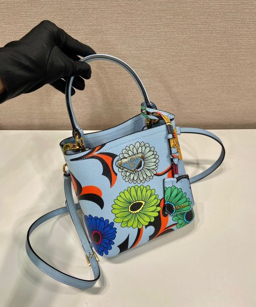 Small Saffiano Prada Panier Flower Bag In Blue For Women 7in/ 18cm