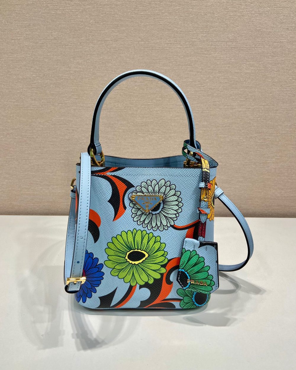 Small Saffiano Prada Panier Flower Bag In Blue For Women 7in/ 18cm