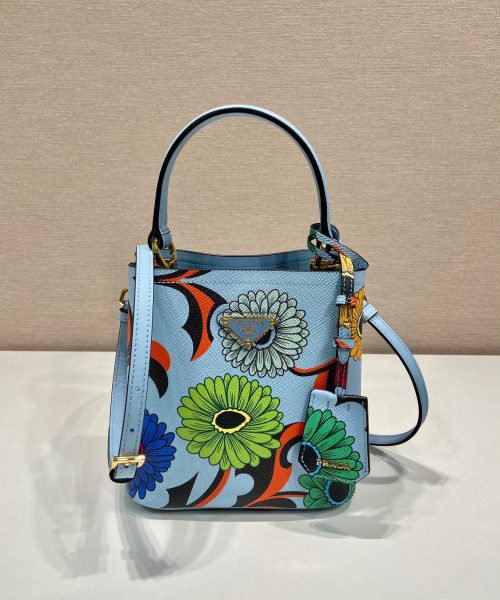 Small Saffiano Prada Panier Flower Bag In Blue For Women 7in/ 18cm