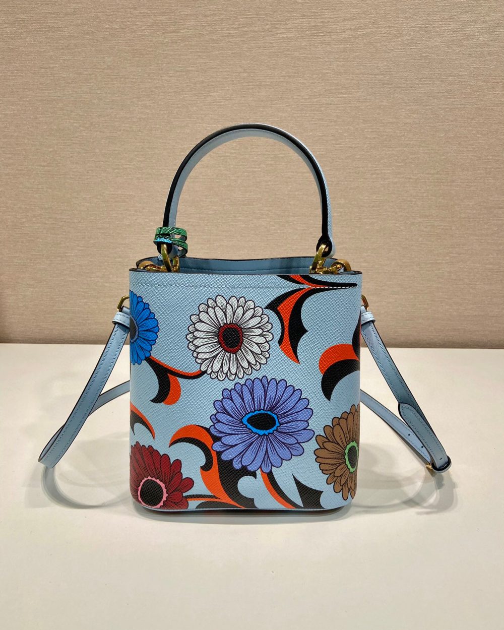 Small Saffiano Prada Panier Flower Bag In Blue For Women 7in/ 18cm