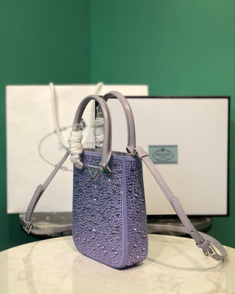 Small Satin Tote Bag With Sparkling Stone In Purple For Women 6.9in/ 17.5cm