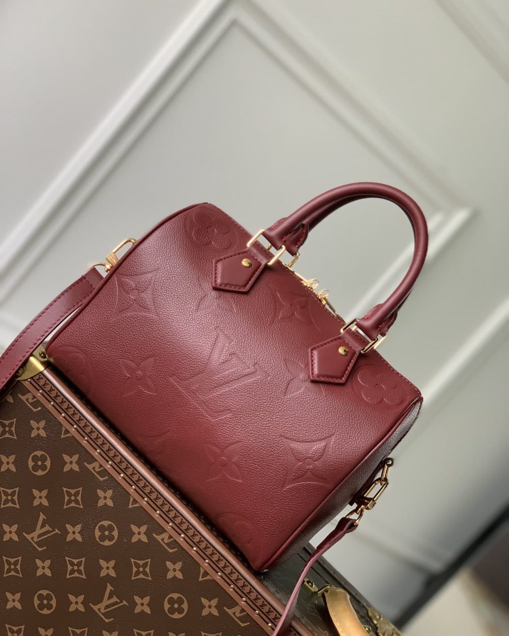 1:1 Replica Louis Vuitton LV Speedy Bandoulière 25 Monogram Empreinte Leather Wine Red Luxury Bag For Women‎ M46646 - 9.8in/ 25cm