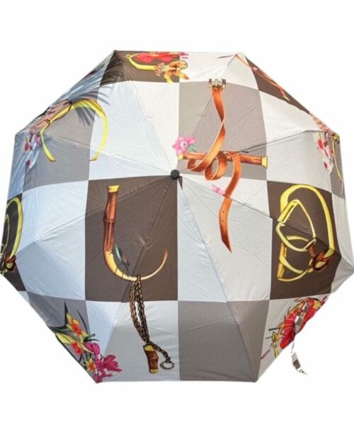 Square Pattern Folding Umbrella White And Brown