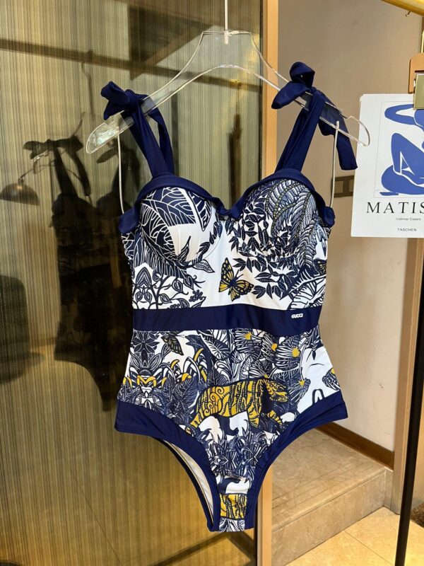 Tiger Floral Print Strap One Piece Swimsuit Blue For Women