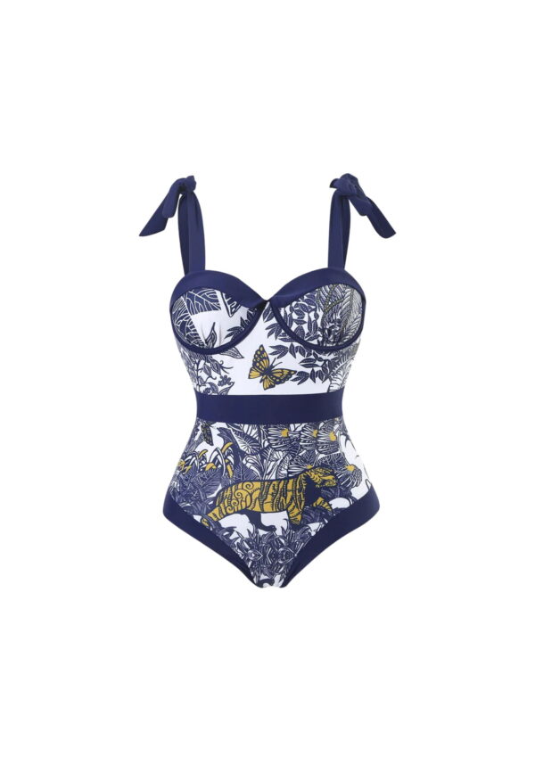 Tiger Floral Print Strap One Piece Swimsuit Blue For Women