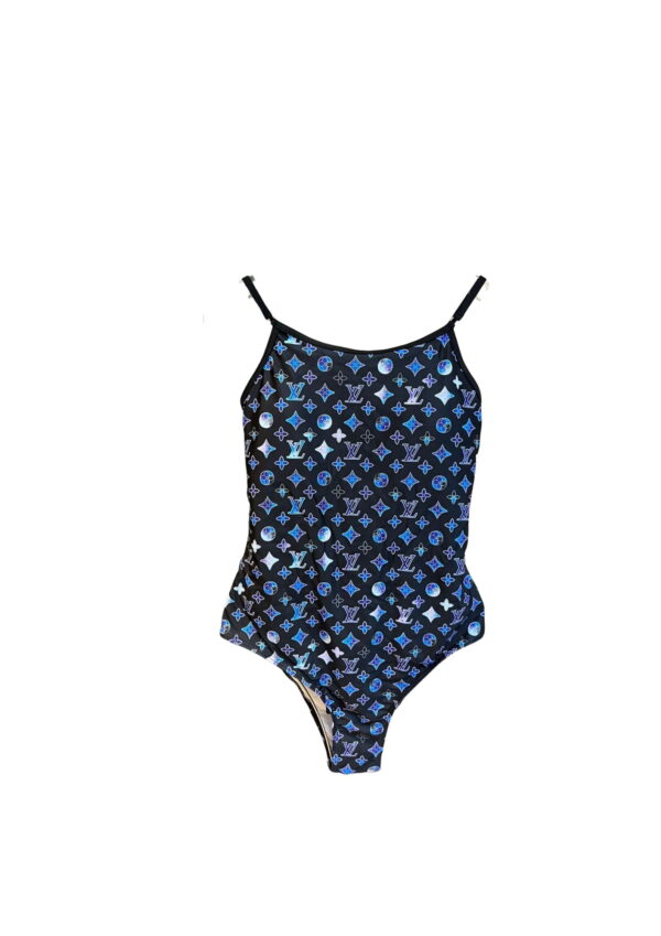 Vintage Flower Monogram One-Piece Swimsuit Dark Blue For Women