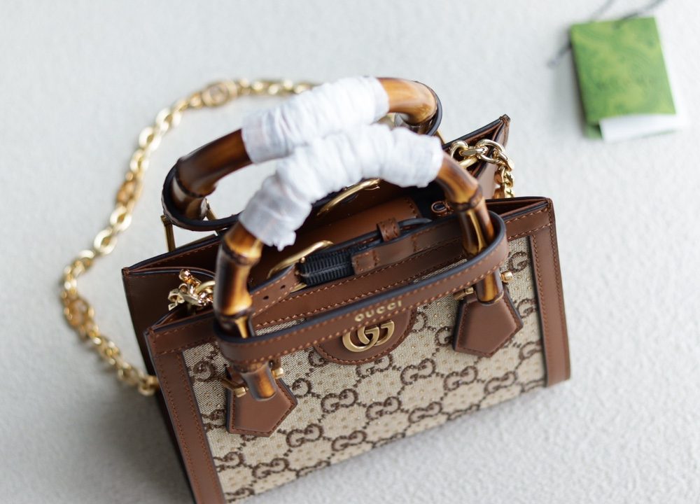 1:1 Replica GUCCI DIANA MINI TOTE BAG P Camel and ebony GG canvas with crystals Exclusive For Women 707449 21HRG 2687