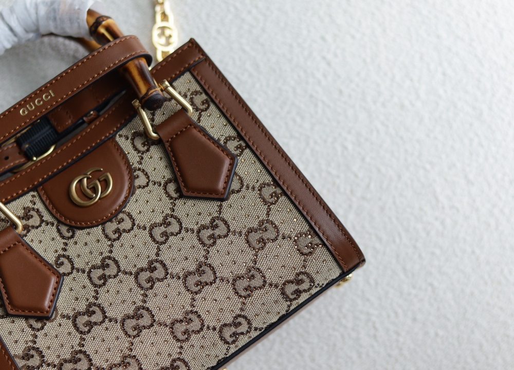 1:1 Replica GUCCI DIANA MINI TOTE BAG P Camel and ebony GG canvas with crystals Exclusive For Women 707449 21HRG 2687