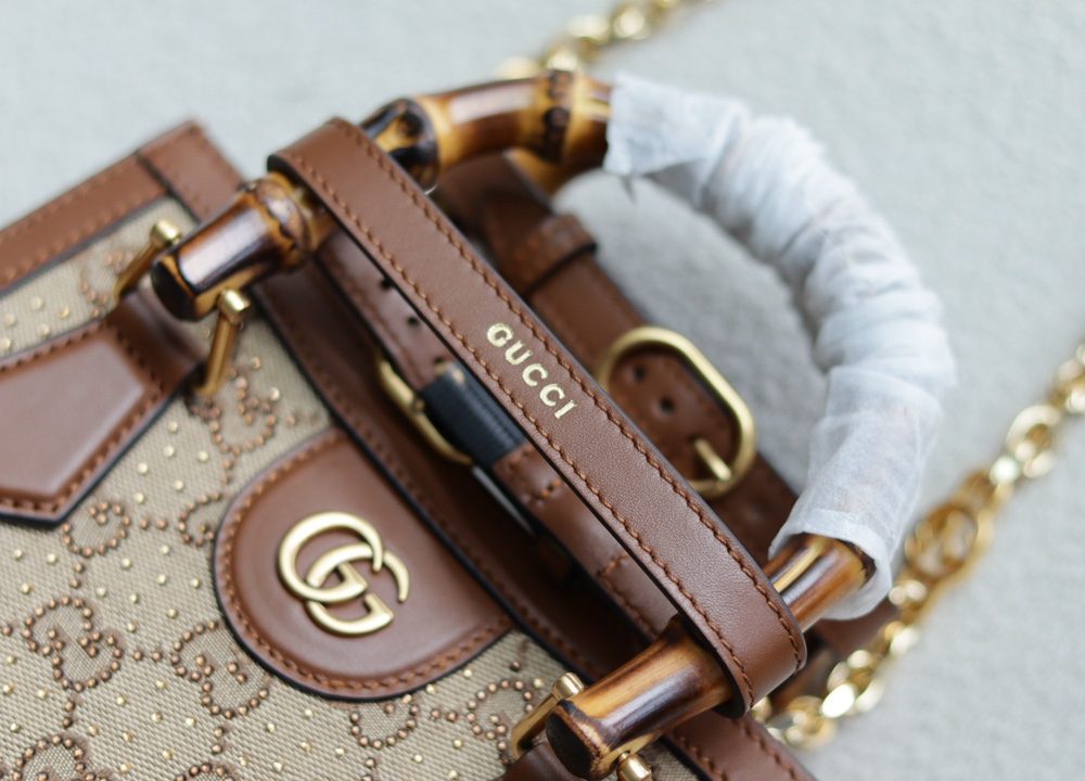 1:1 Replica GUCCI DIANA MINI TOTE BAG P Camel and ebony GG canvas with crystals Exclusive For Women 707449 21HRG 2687