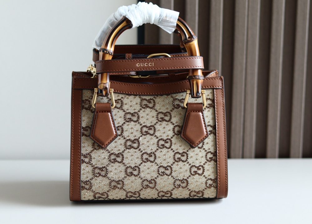 1:1 Replica GUCCI DIANA MINI TOTE BAG P Camel and ebony GG canvas with crystals Exclusive For Women 707449 21HRG 2687