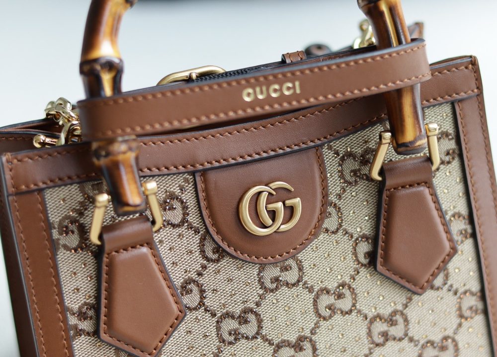 1:1 Replica GUCCI DIANA MINI TOTE BAG P Camel and ebony GG canvas with crystals Exclusive For Women 707449 21HRG 2687
