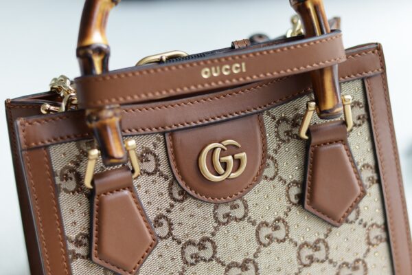 1:1 Replica GUCCI DIANA MINI TOTE BAG P Camel and ebony GG canvas with crystals Exclusive For Women ‎707449 21HRG 2687