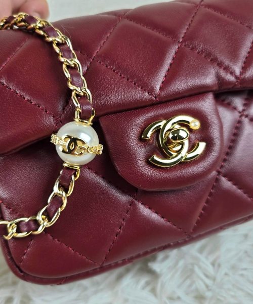 [REP 1:1] Chanel Mini Love Flap Bag 24B pearl square Red luxury Bag For Women, Women’s Bags 18cm