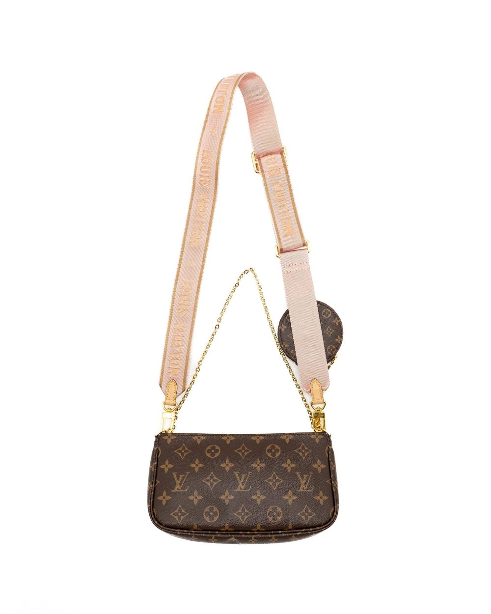 AAA Replica Louis Vuitton LV MULTI POCHETTE ACCESSORIES MONOGRAM CANVAS PINK STRAP GHW