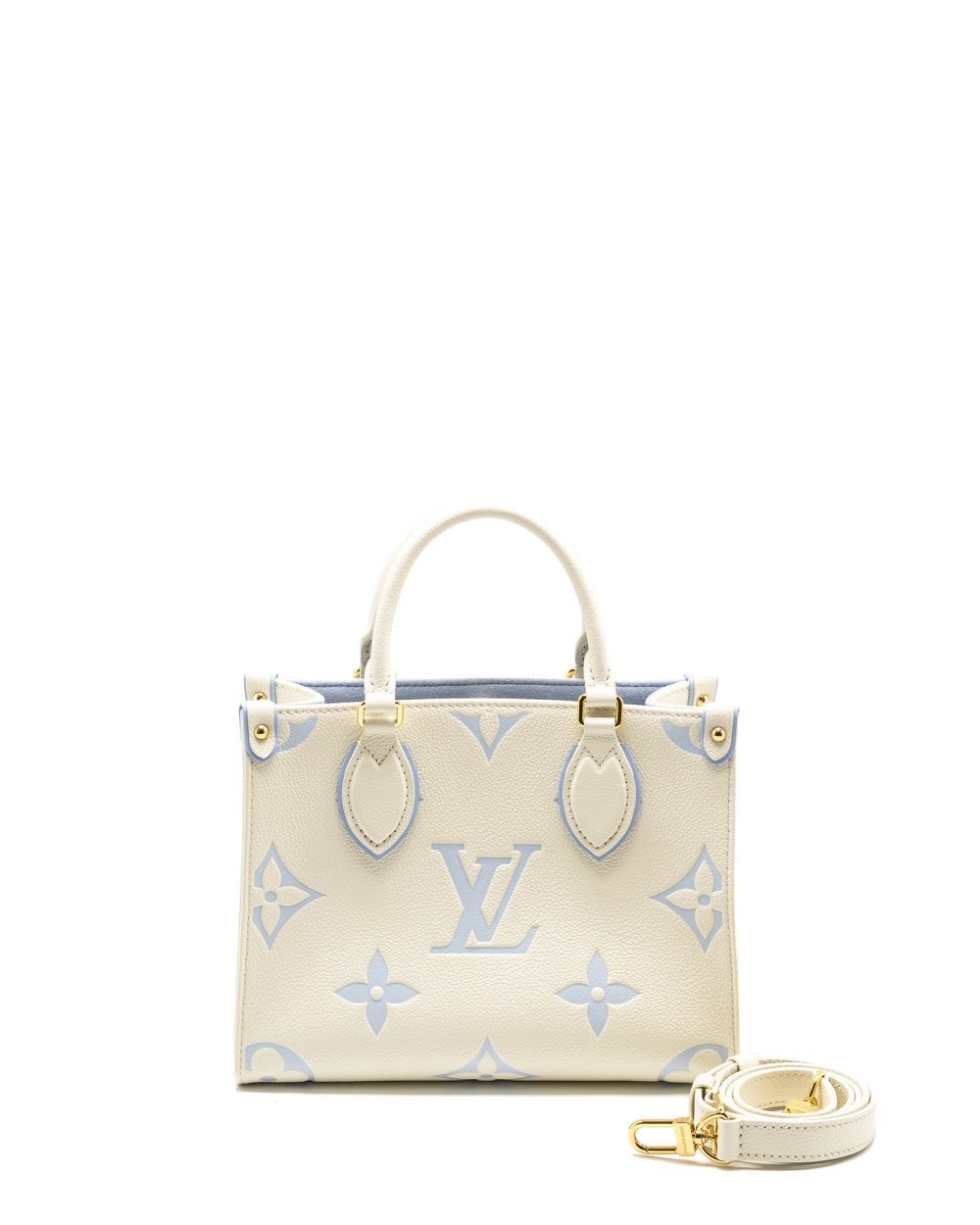 AAA Replica Louis Vuitton LV ONTHEGO PM BICOLOUR MONOGRAM EMPREINTE LATTE/CANDY BLUE GHW